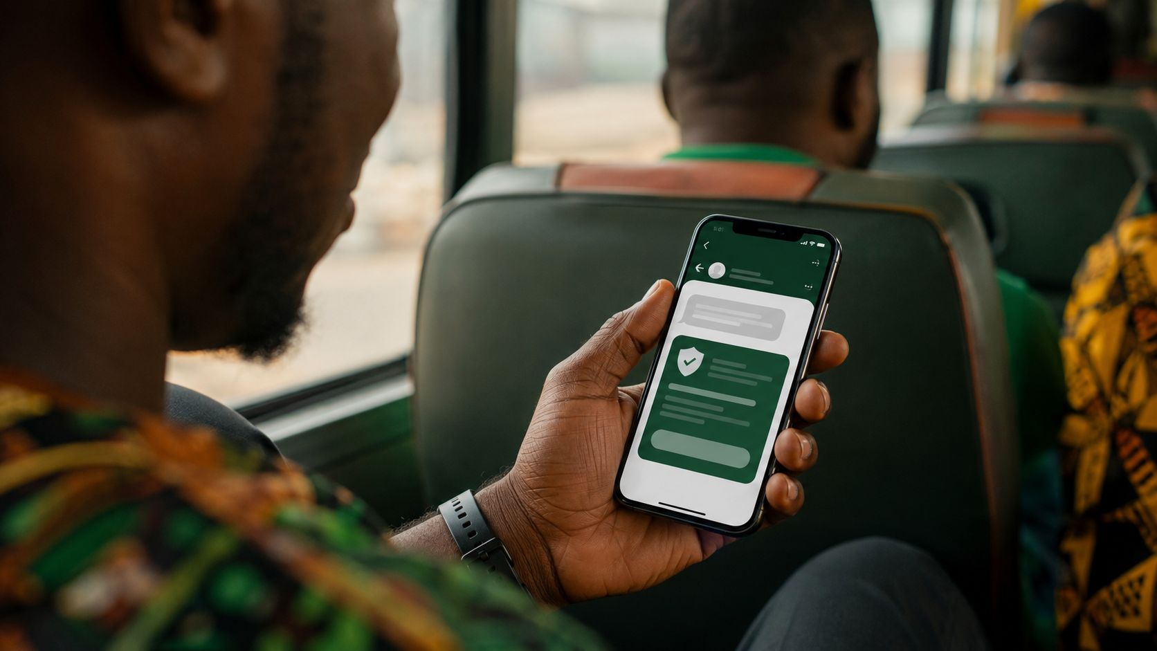 Passenger checking a trip confirmation on a phone inside a bus